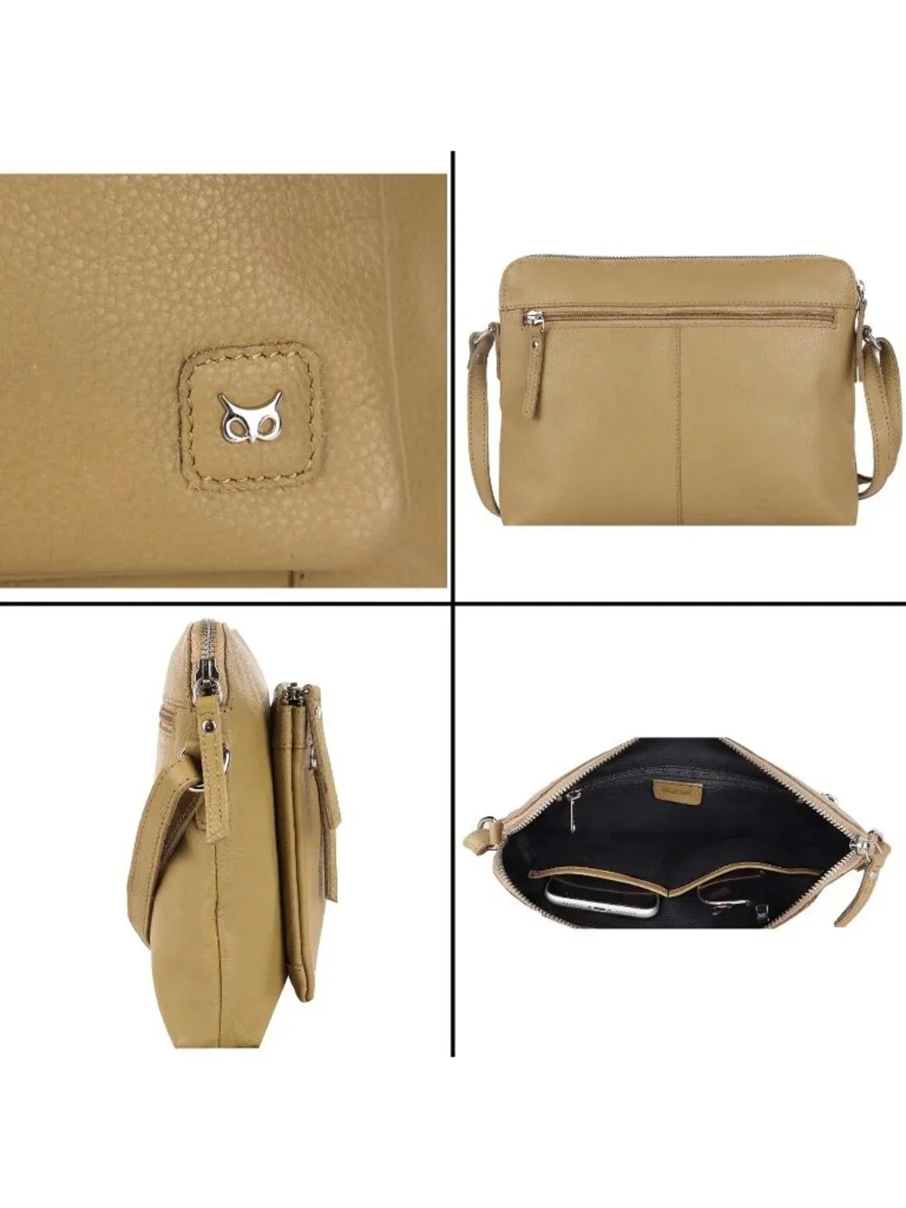 Women's Khaki Genuine Leather Sling Purse with Adjustable Strap Crossbody bag
